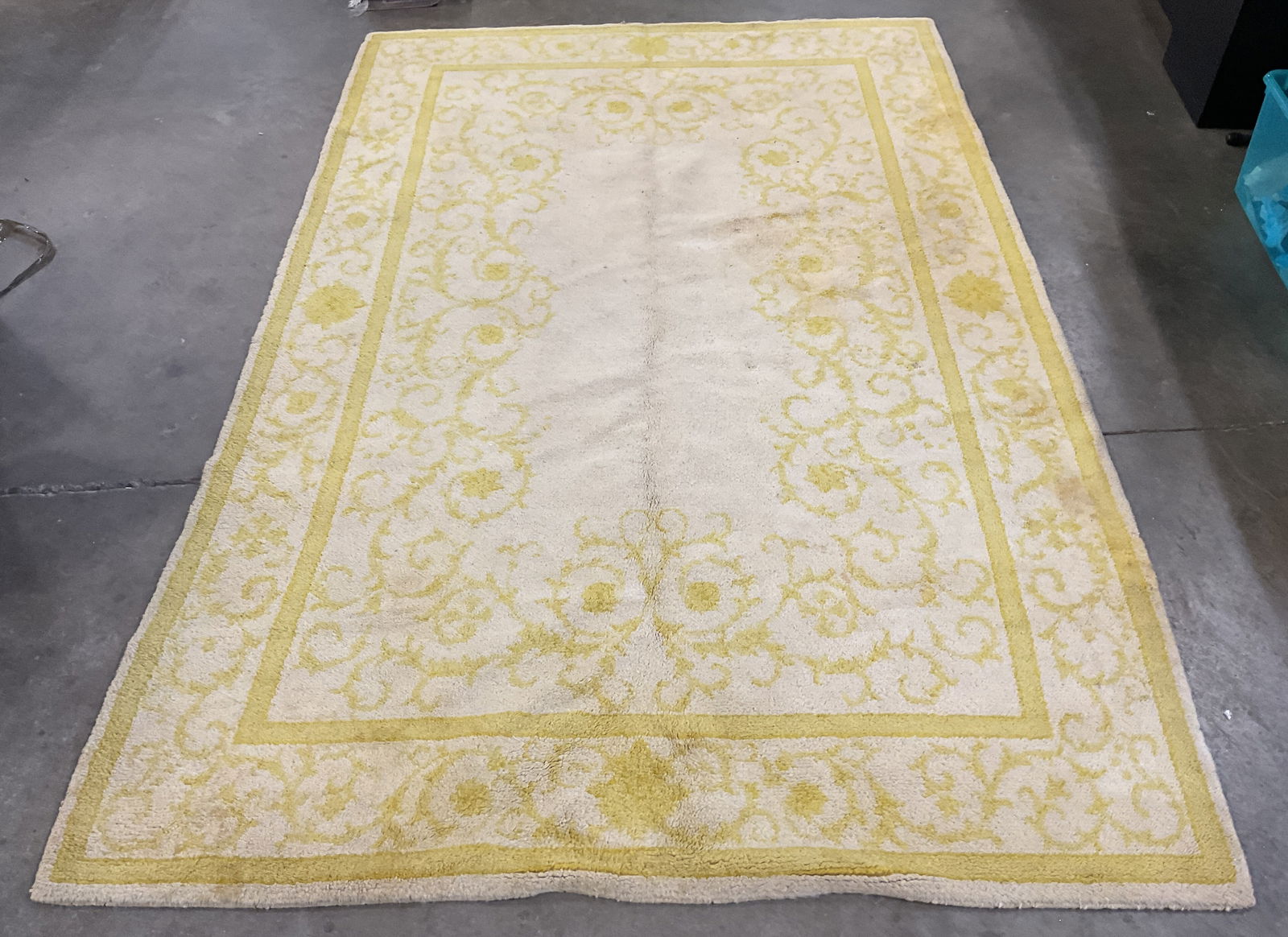 Yellow & White Scroll Wool Area Rug, Portugal (1 of 7)