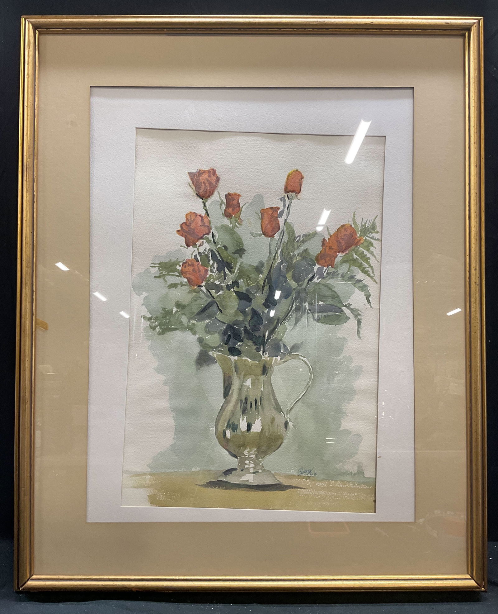Sgn D Miclo Still Life Flowers Watercolor Painting: Framed and matted watercolor painting on paper. Signed at lower right, Dolores Miclo. Artist biography affixed to verso. Still life scene with roses in pitcher. Gilt wood frame. Not examined out of fa