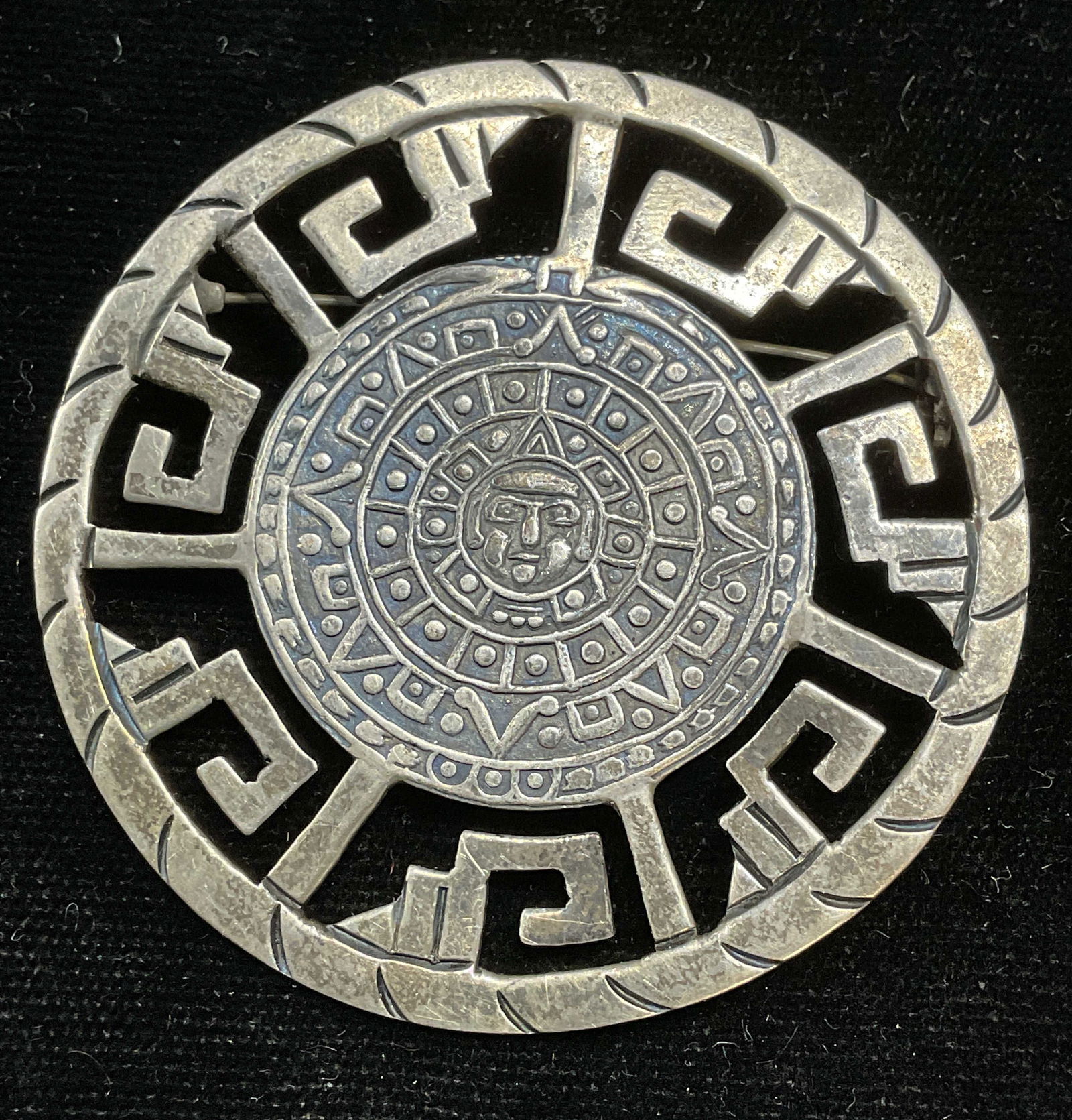 Signed JS Sterling Silver Aztec Calendar Brooch (1 of 6)