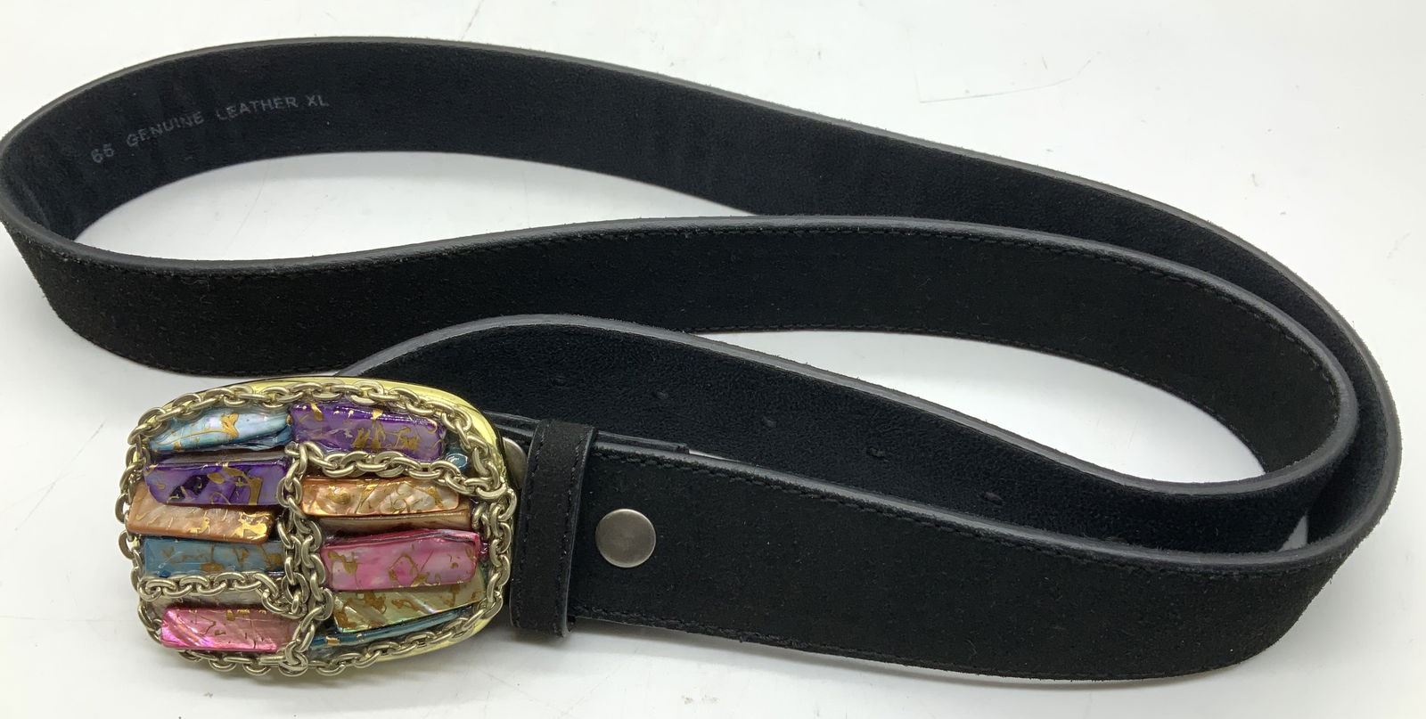 MCM Signed Leather Belt W Multi-Toned Resin Buckle: Genuine leather XL belt w an rectangular buckle. Buckle features a gold-toned metal frame w multi tone resin style stones in shades of purple, pink, orange & blue. Border of buckle has raised gold-ton