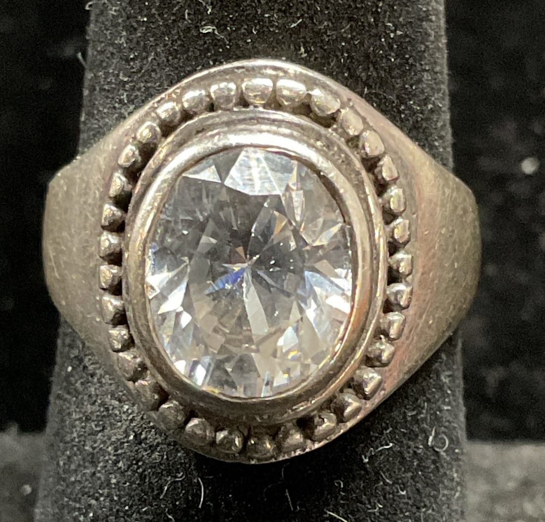 Vintage Sterling Silver Semiprecious Ring: Vintage sterling silver ring with colorless semiprecious stone. Size 6. Total weight 6.6 grams. Marked sterling. Some scratching. Jewelry, estate jewelry, fine jewelry, cocktail jewelry, fashion jewel