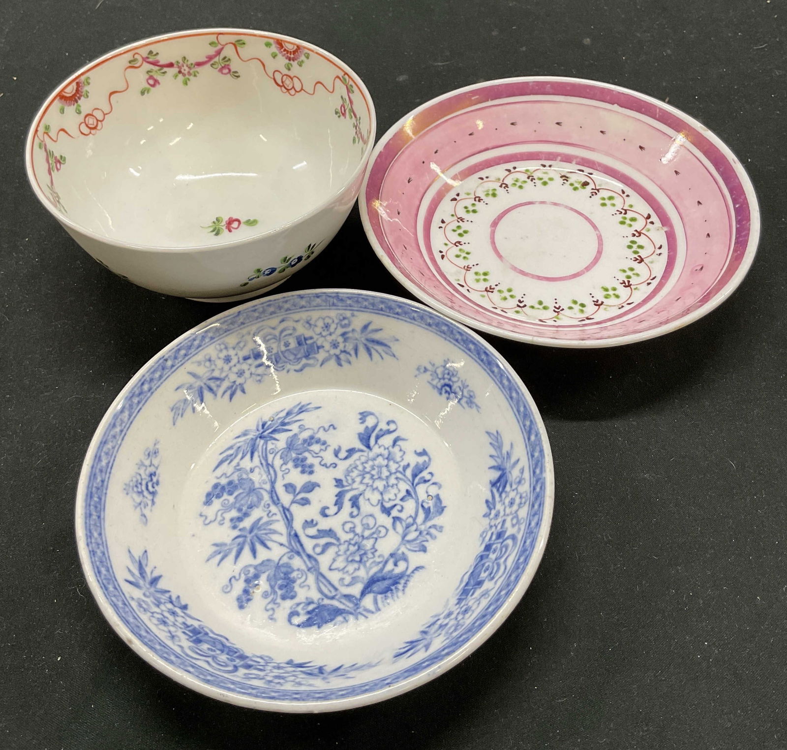 Lot 3 Stmpd Ridgways Wedgwood+ Bowls England: Lot of 3 ceramic bowls. Includes stamped and marked Ridgways Wedgwood white and blue ceramic bowl. Underside is backstamped with Ridgways and impressed stamped with Wedgwood. Made in England. White ba