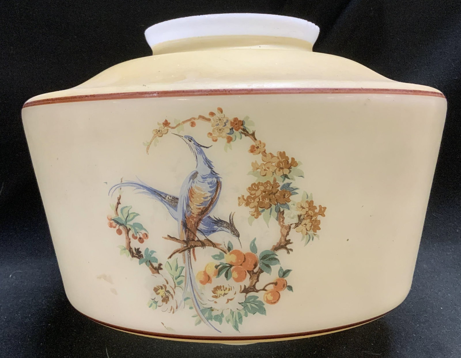 Vtg Hand Painted Bird & Floral Glass Shade: Vintage glass lamp shade featuring a hand painted bird perched on a branch w brown floral motifs. Brown trim on base & top. Lot is sold as is. Surface wear consistent to age, use & exposure. Measureme