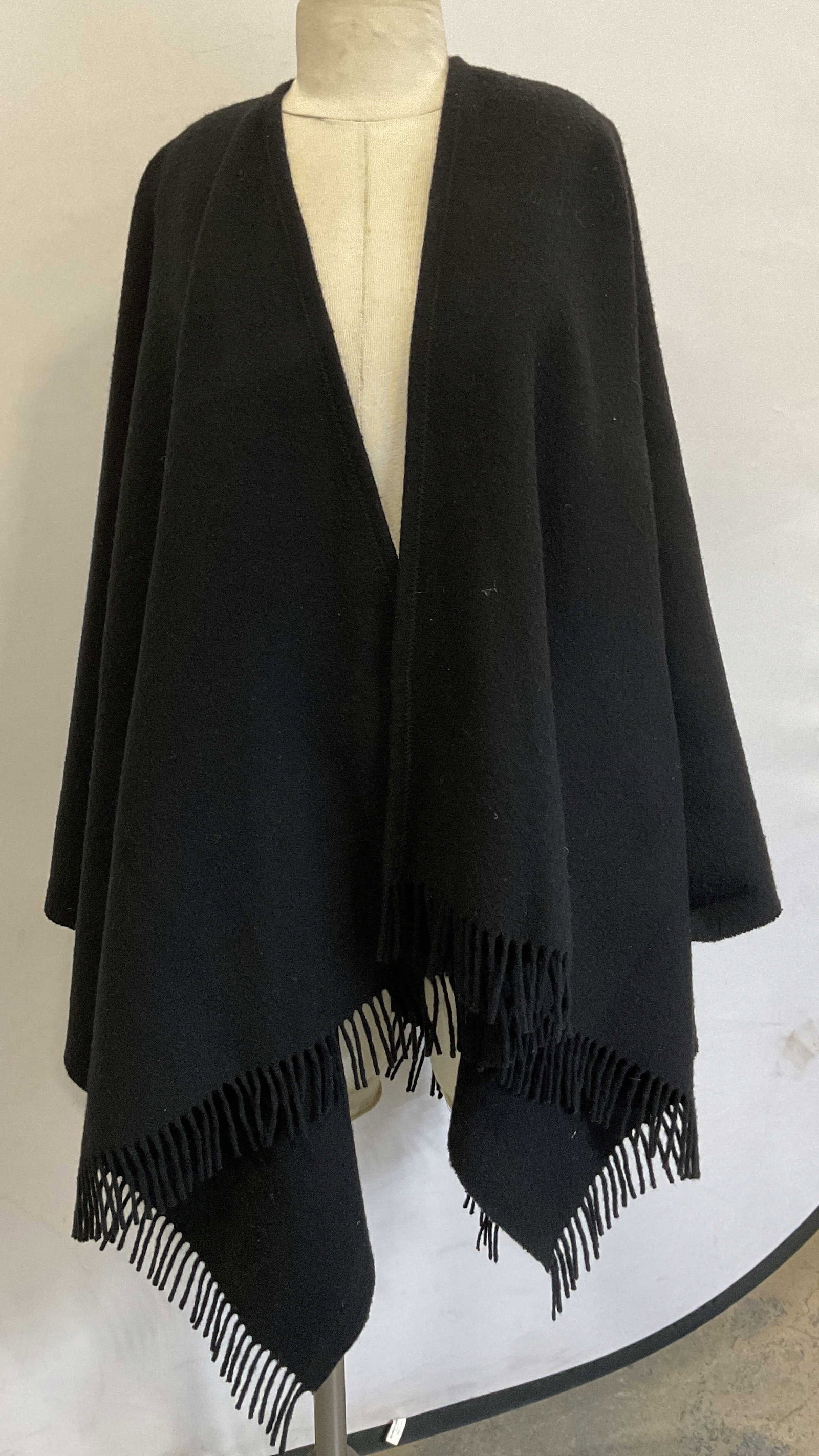 The Scotch House Black Lambswool Shawl Scotland: The Scotch House black lambswool fringed shawl. Made in Scotland. 100% pure new wool, Lambswool material. Measures approx 53 inches wide. Wear consistent with exposure. Shawl, scarf, fringed shawl, wo