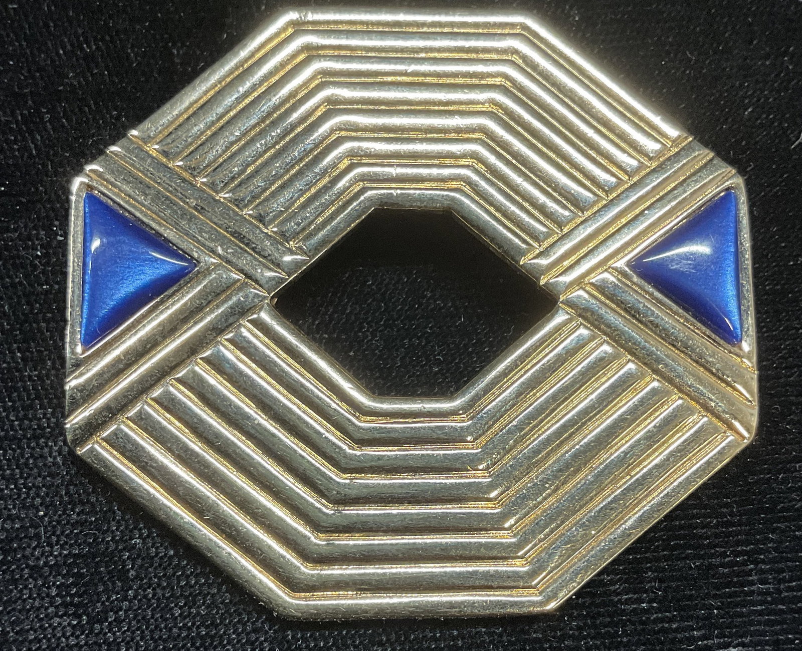 Gallery Originals Gold Tone Blue Brooch: Signed Gallery Originals gold tone geometric brooch with blue glass cabochons. Measures approx 1.75 x 2 inches. Some scratching. Jewelry, estate jewelry, costume jewelry, cocktail jewelry, fashion jew