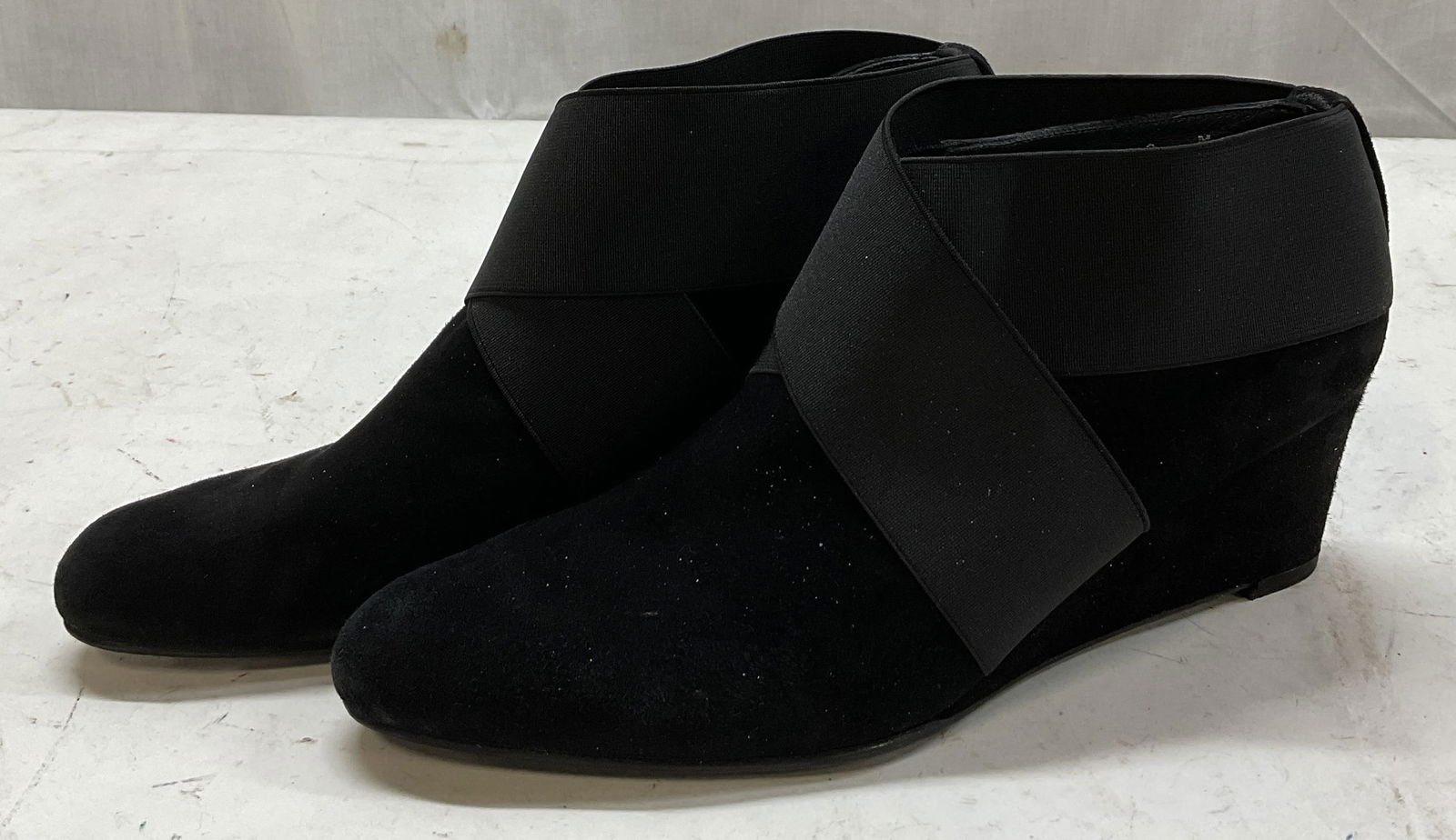 Stuart Weitzman Black Wedge Booties Spain: Stuart Weitzman black wedge booties. Made in Spain. Size 8. Feels like suede. Wedge heel boot. Elastic fabric design. Wear consistent with exposure. Boots, wedge boots, booties, black boots, Stuart We