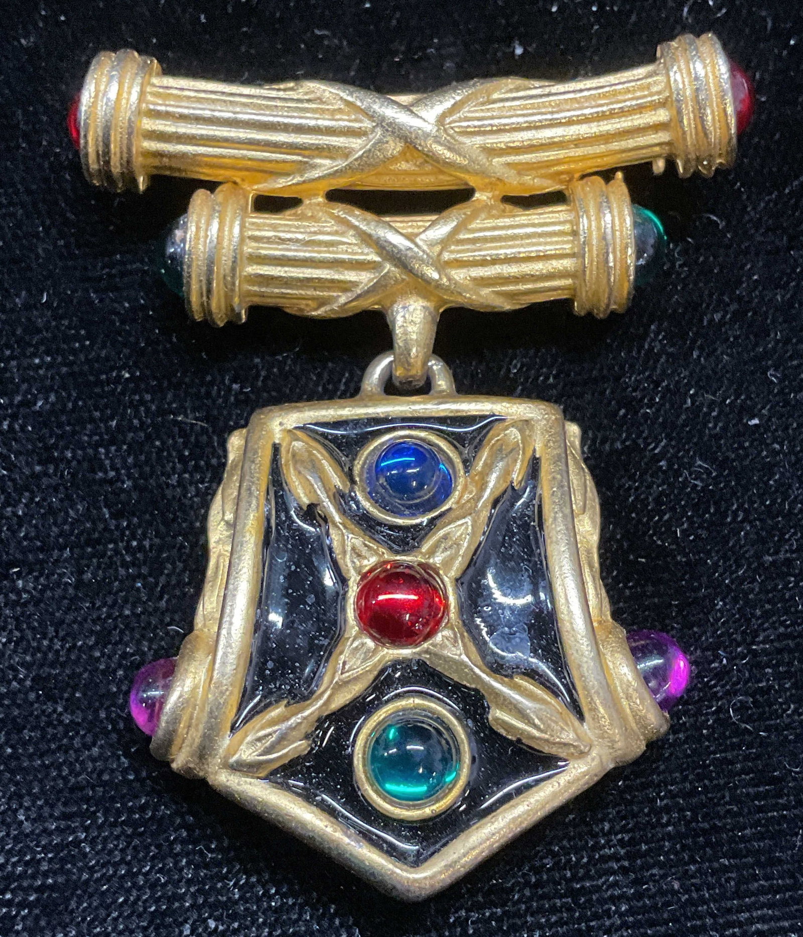 Vintage Gold Tone Enamel Glass Brooch: Vintage gold tone black enamel pendant brooch with multicolor glass cabochons. Measures approx 2 x 1.5 inches. Some scratching. Jewelry, estate jewelry, costume jewelry, cocktail jewelry, fashion jewe
