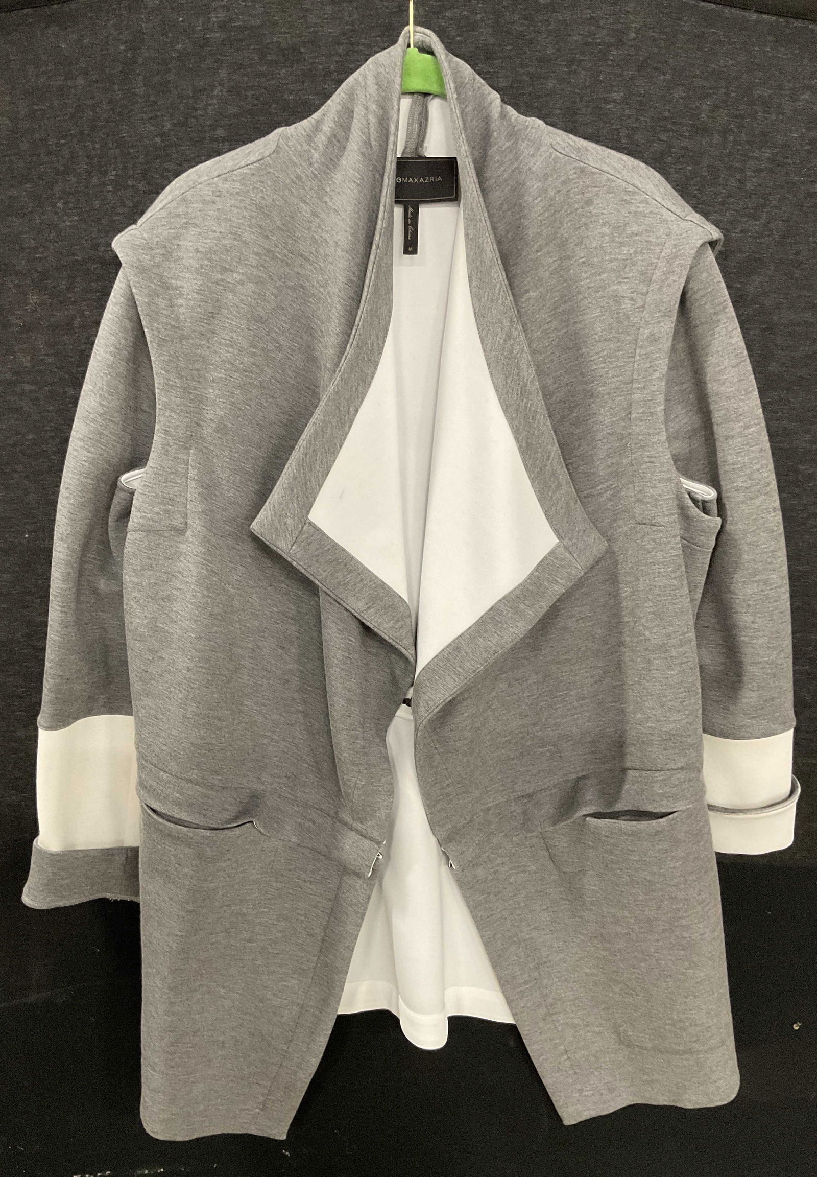 BCBGMAXAZRIA Grey White Removable Sleeve Sweater: BCBGMAXAZRIA grey and white color block open sweater with removable zippered sleeves and waist. Size medium. Polyester blend. Some blemishes. BCBGMAXAZRIA sweater, open sweater, grey sweater, designer
