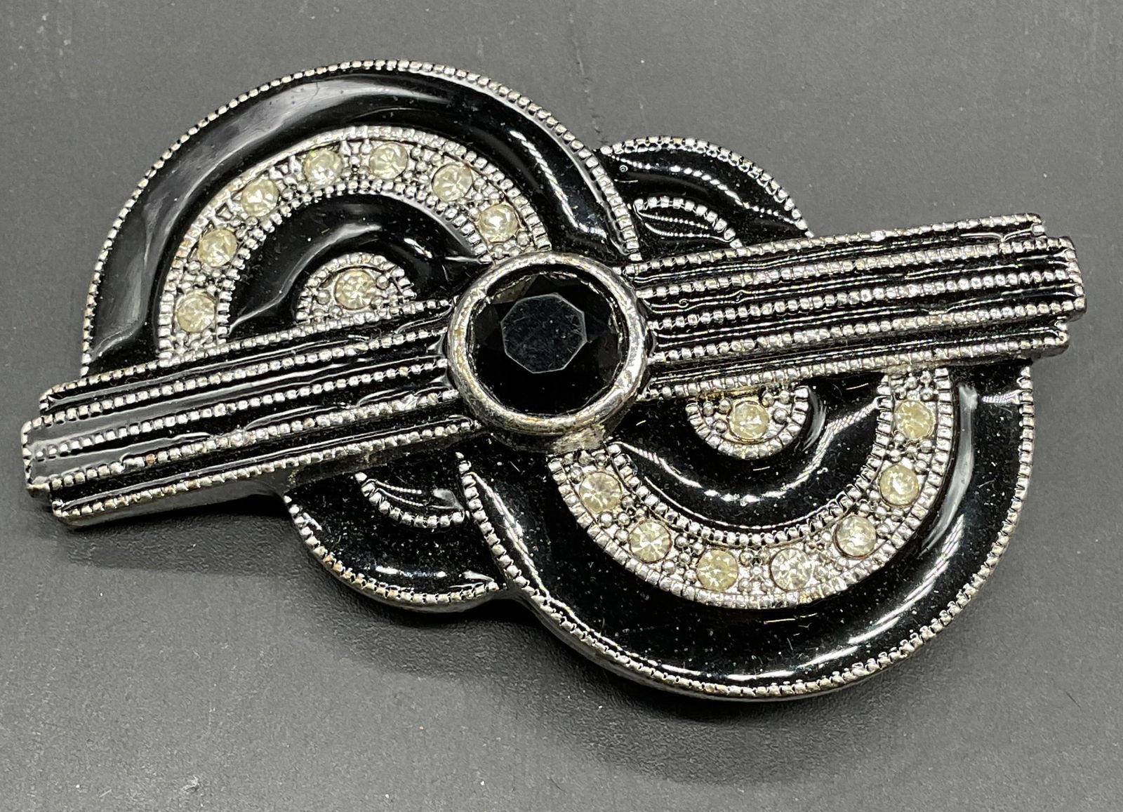 Silver Tone Black Enamel Crystal Brooch (1 of 6)