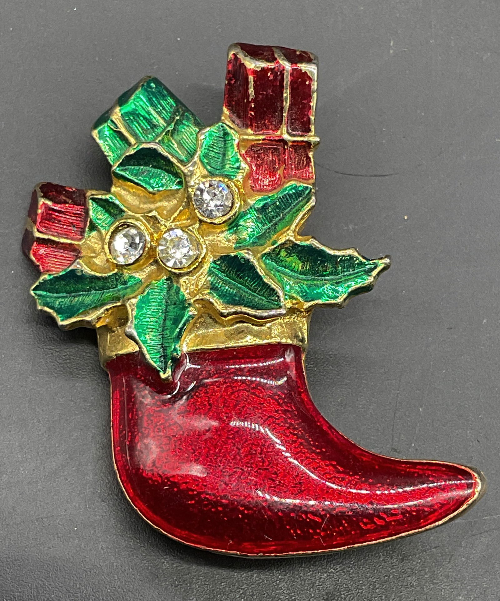 Gold Tone Enamel Crystal Christmas Stocking Brooch (1 of 6)