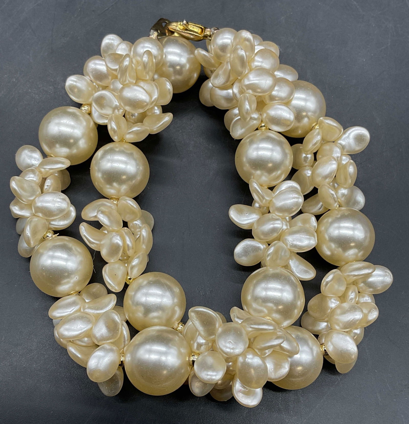 Vintage Faux Pearl Beaded Necklace: Vintage faux pearl cluster beaded necklace. Drop length approx 7 inches. Some scratching. Jewelry, estate jewelry, costume jewelry, cocktail jewelry, fashion jewelry, accessories, fashion accessories,