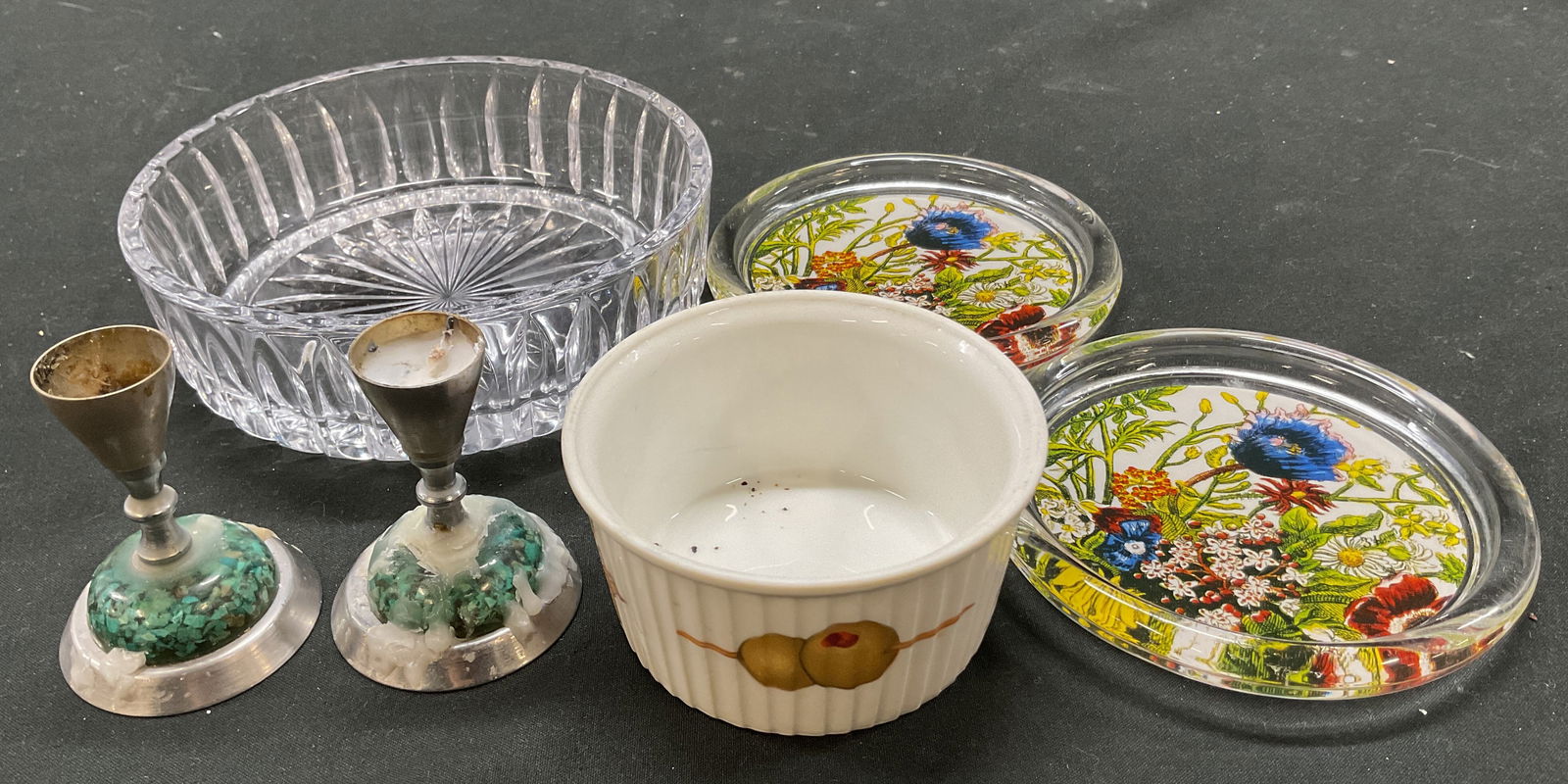 Grp Lot 6 SGND Royal Worcester England+ Tableware: Group lot of 6 items. Includes signed Royal Worcester porcelain ramekin. Signed and marked on underside, reads as follows Royal Worcester Made In England Fireproof. Hand painted floral and olive motif