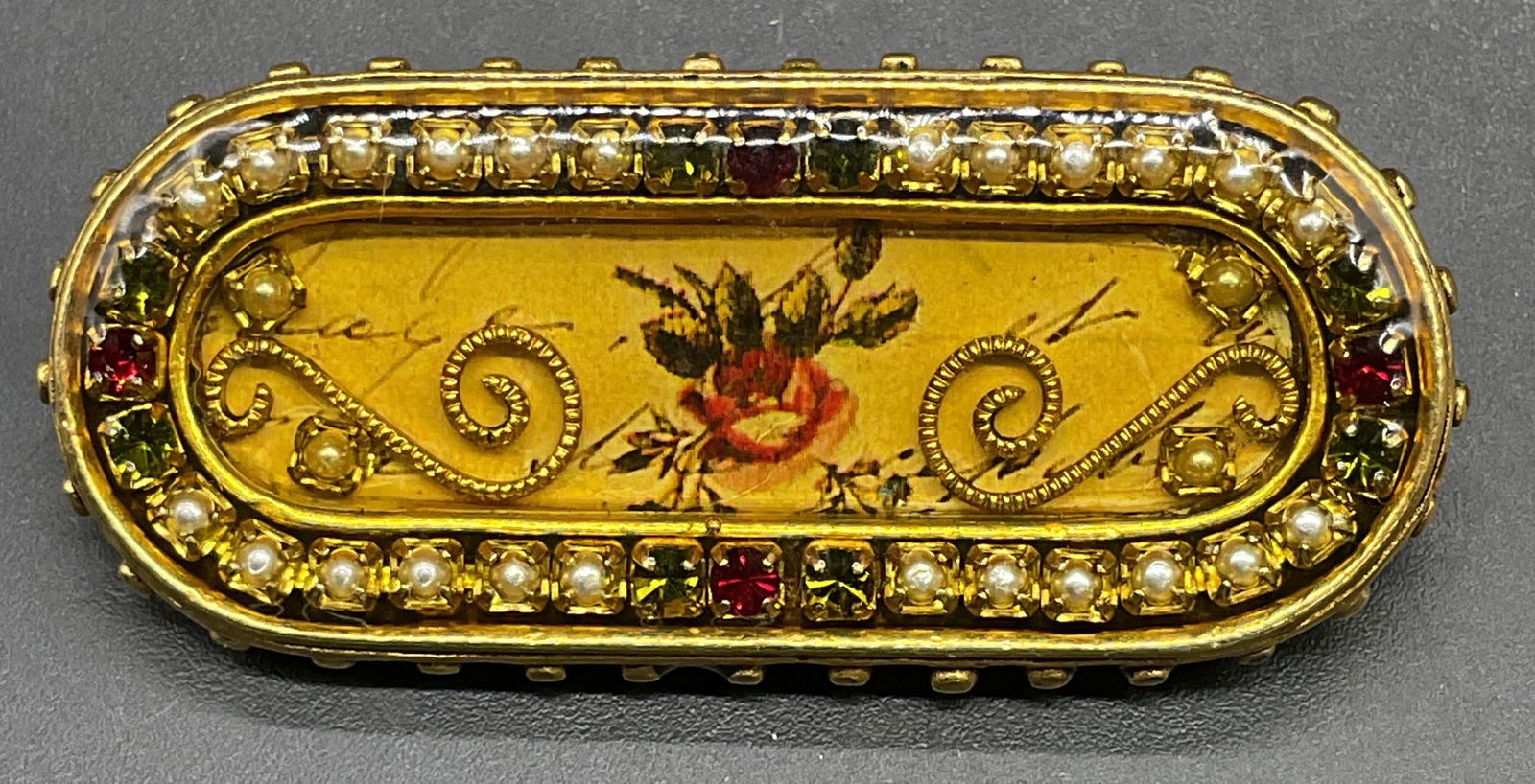 Vtg Maximal Art Crystal Faux Pearl Flower Brooch: Vintage signed Maximal Art gold tone flower motif brooch with crystals and faux pearls. Measures approx .75 x 1.5 inches. Some scratching. Jewelry, estate jewelry, costume jewelry, cocktail jewelry, f