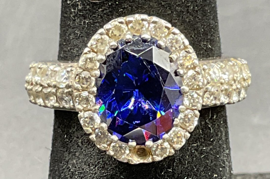 Sterling Silver Blue Semiprecious Ring: Sterling silver blue and colorless semiprecious stone ring. Size 5.5. Total weight 5.2 grams. Some scratching. Jewelry, estate jewelry, fine jewelry, cocktail jewelry, fashion jewelry, accessories, fa