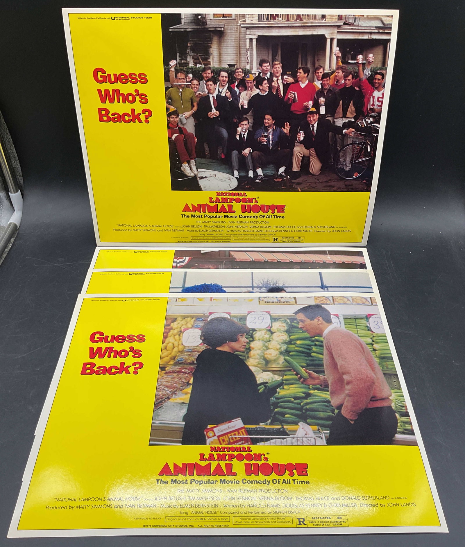 Lot 4 Animal House, Belushi, Lobby Cards 1978: Lot of 4 1978 National Lampoons Animal House lobby card posters. Starring John Belushi. Directed by John Landis. Measure approx 11 x 14 inches. Some wear to all consistent with exposure. Lobby cards, 