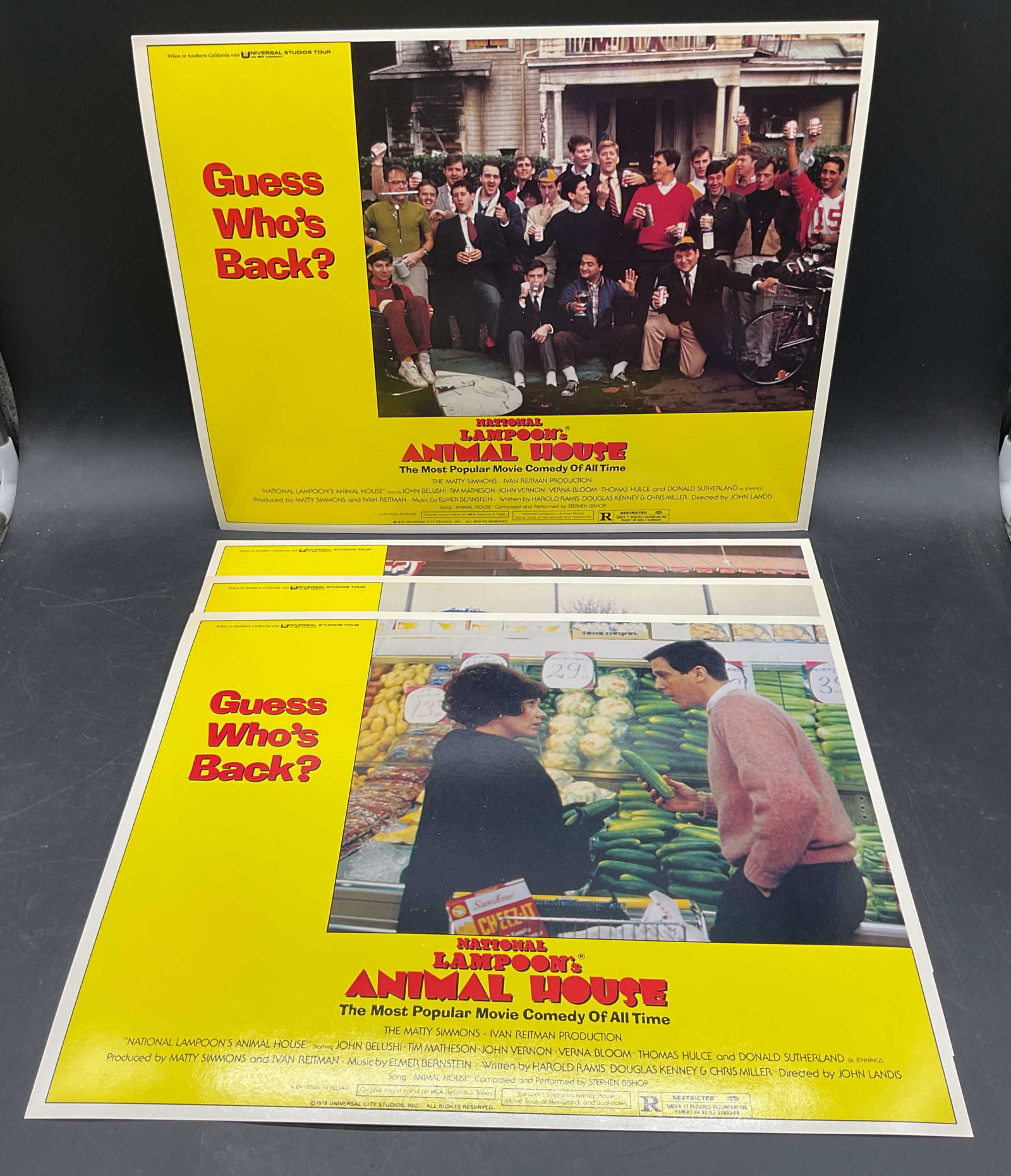 Lot 4 Animal House, Belushi, Lobby Cards 1978: Lot of 4 1978 National Lampoons Animal House lobby card posters. Starring John Belushi. Directed by John Landis. Measure approx 11 x 14 inches. Some wear to all consistent with exposure. Lobby cards, 