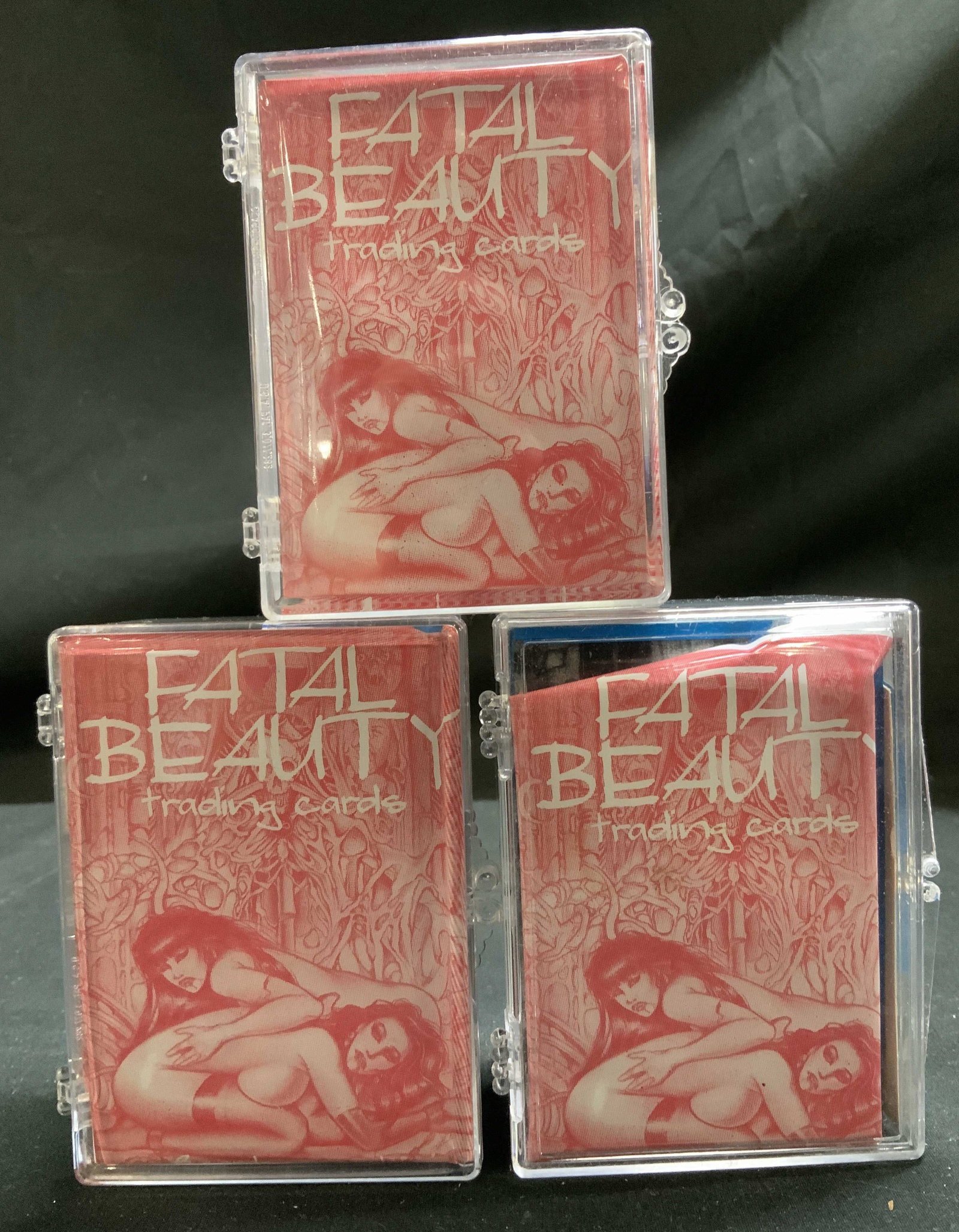 Lot 60+ 1996 Fatal Beauty Collectible Trading Crds: Lot includes, 60+ 1996 Fatal Beauty trading cards. Cards feature black & white illustrations of women. Comes in acrylic case. Surface wear consistent to age, use & exposure. Measurements: length 3.5in