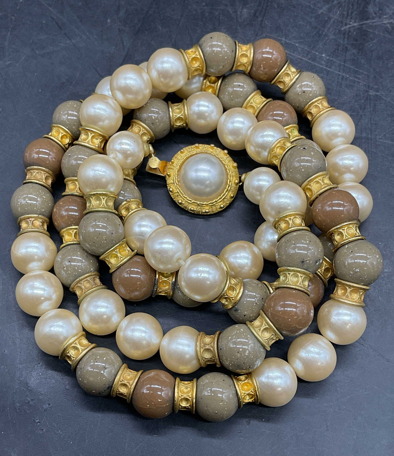 Ann Taylor Gold Tone Faux Pearl Necklace: Signed Ann Taylor gold tone faux pearl and tan beaded necklace. Drop length approx 16 inches. Some scratching. Jewelry, estate jewelry, costume jewelry, cocktail jewelry, fashion jewelry, accessories,