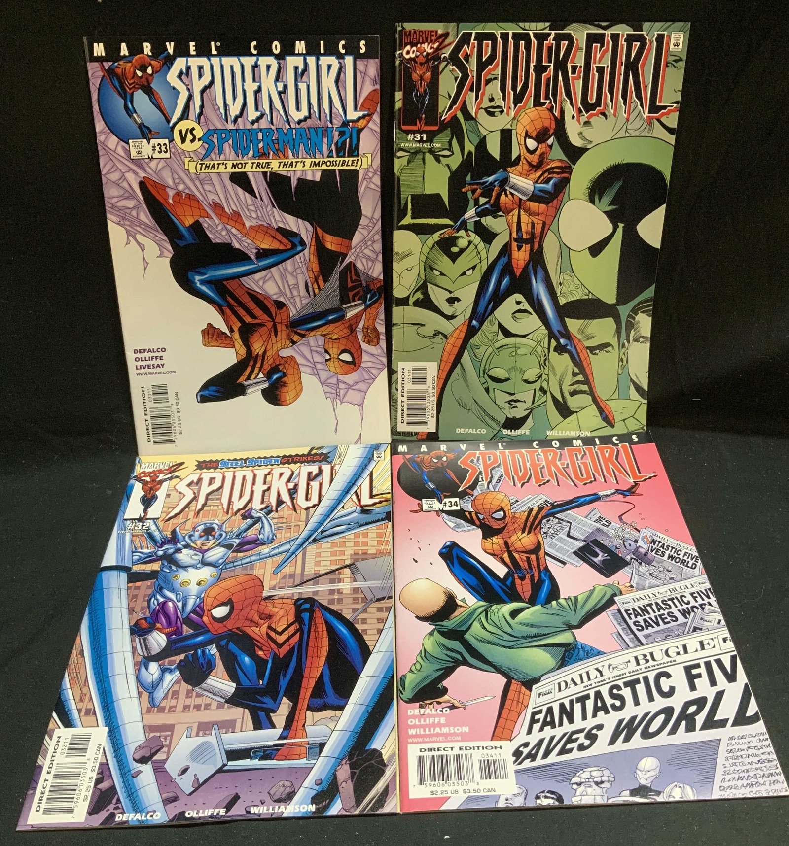 Lot 4 Marvel 2001 Spider-Girl #31-34 Comics: Lot includes, marvel comics Spider Girl vs Spider Man #33, Spider-Girl #32, Spider-Girl #31 & Spider-Girl #34. Copyright 2001. Comics feature various illustrations. Surface wear consistent to age, use