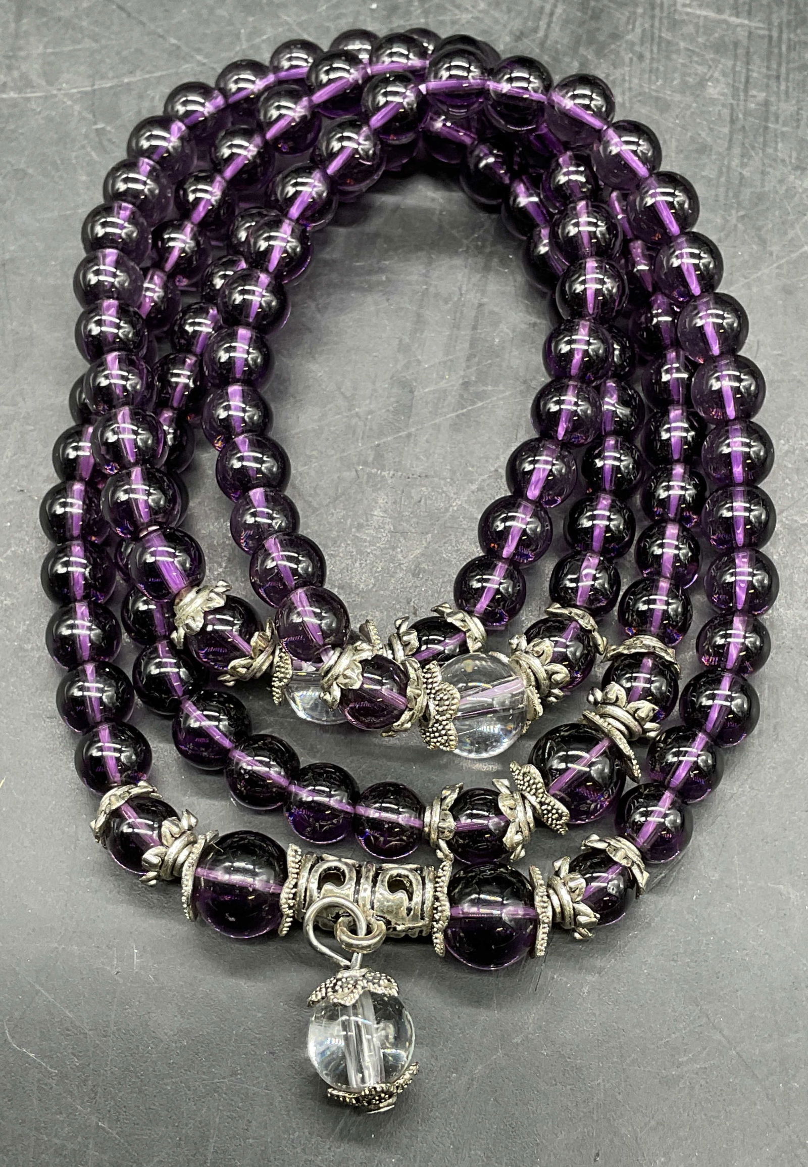 Silver Tone Purple Glass Beaded Necklace: Purple glass beaded necklace with silver tone accents. Drop length approx 13.5 inches. Some scratching. Jewelry, estate jewelry, costume jewelry, cocktail jewelry, fashion jewelry, accessories, fashio