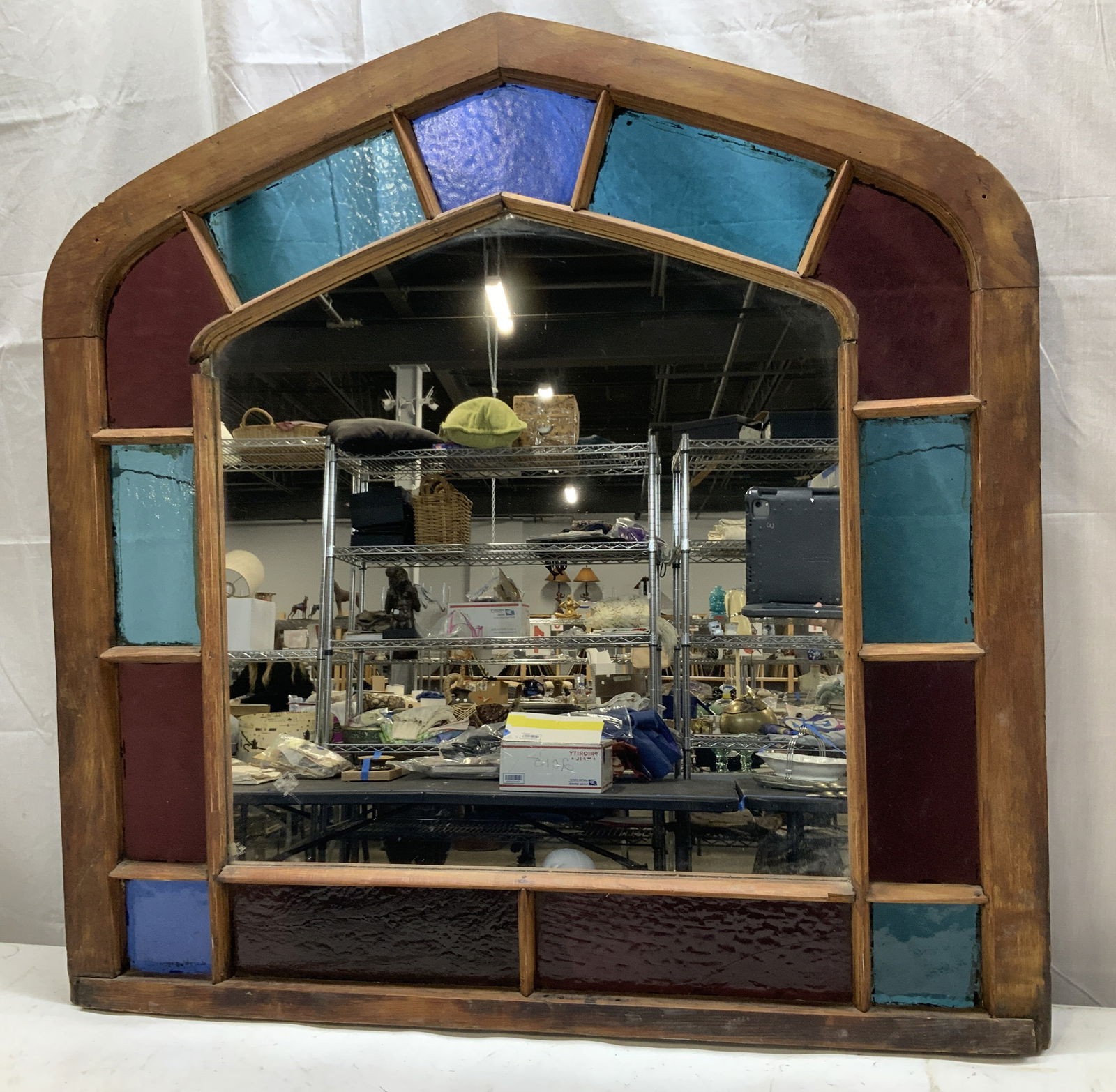 Vtg Wooden Frame Mirror W Stained Glass (1 of 6)