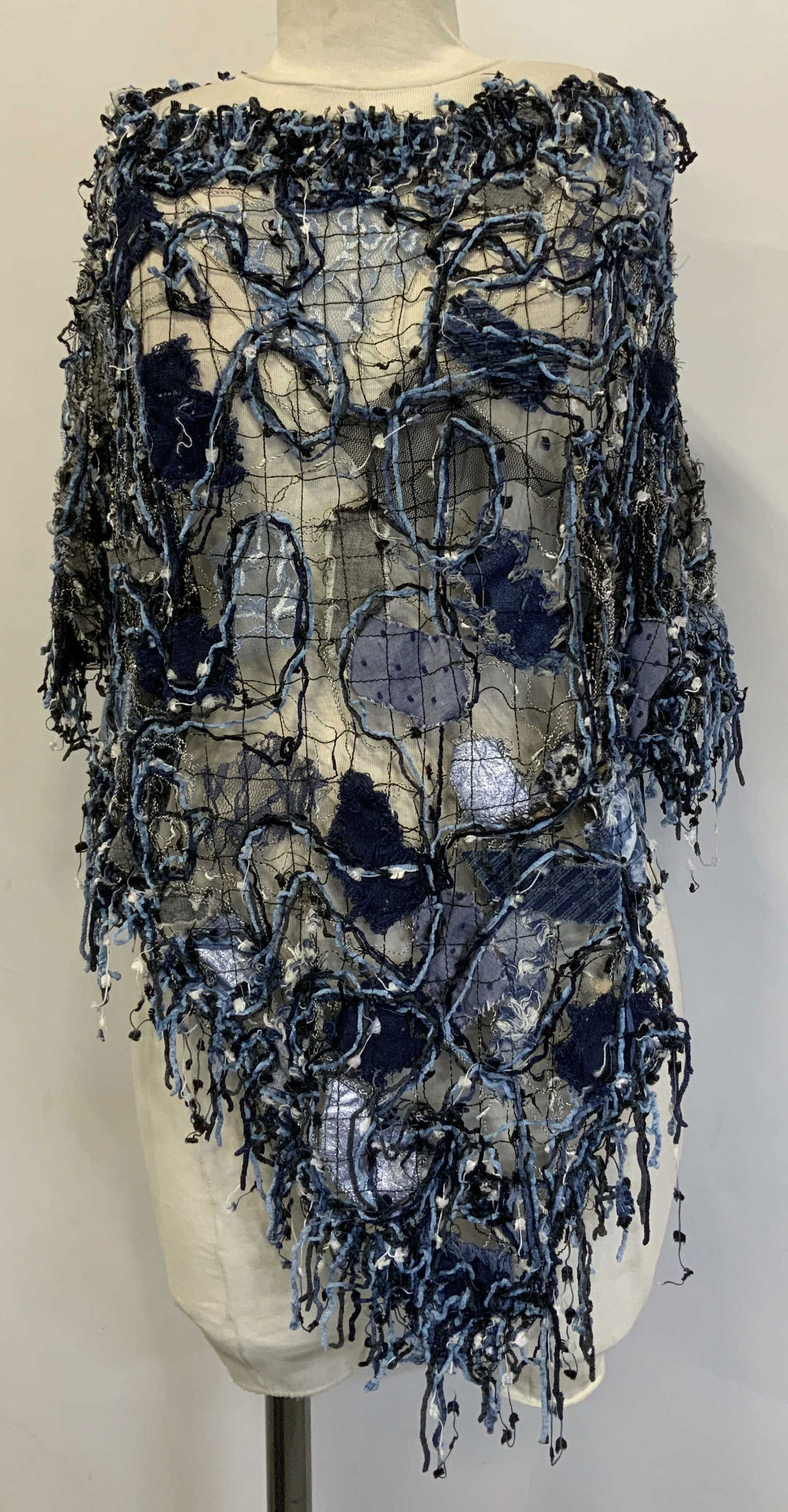 Handmade Blue & Grey Chenille Topper: Handcrafted blue & gray textile chenille/poncho style scarf featuring an open work mesh with layered fabric appliqu?s & denim. Distinctive style. Surface wear consistent to age, use & exposure. Measur