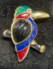 Vintage Gold Tone Enamel Bird Brooch