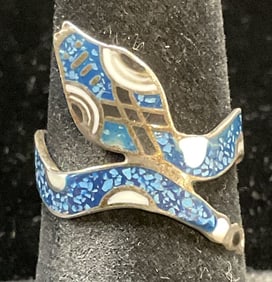 Vintage Sterling Silver Enamel Snake Ring, Mexico