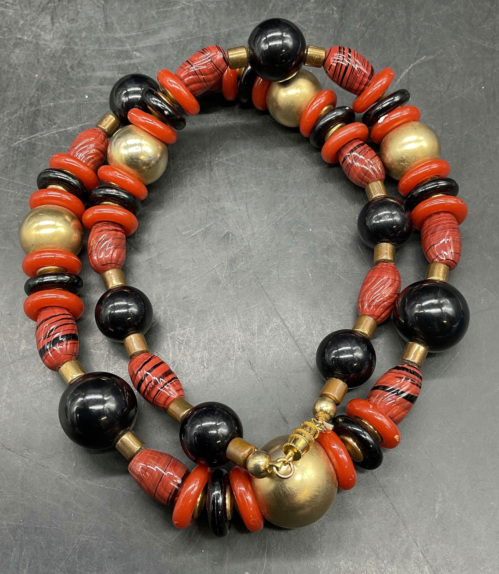 Gold Tn Red Black Chunky Beaded Necklace (1 of 6)