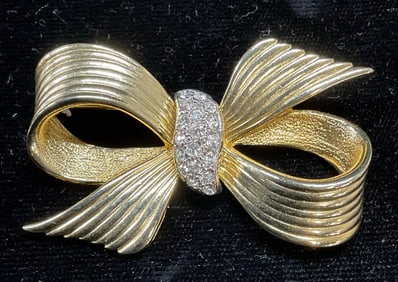 Vintage Gold & Silver Tone Crystal Bow Brooch