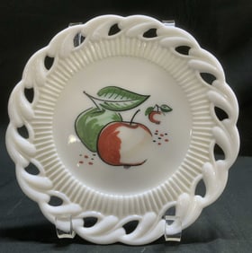 Vtg Apple Motif Milk Glass Reticulated Plate