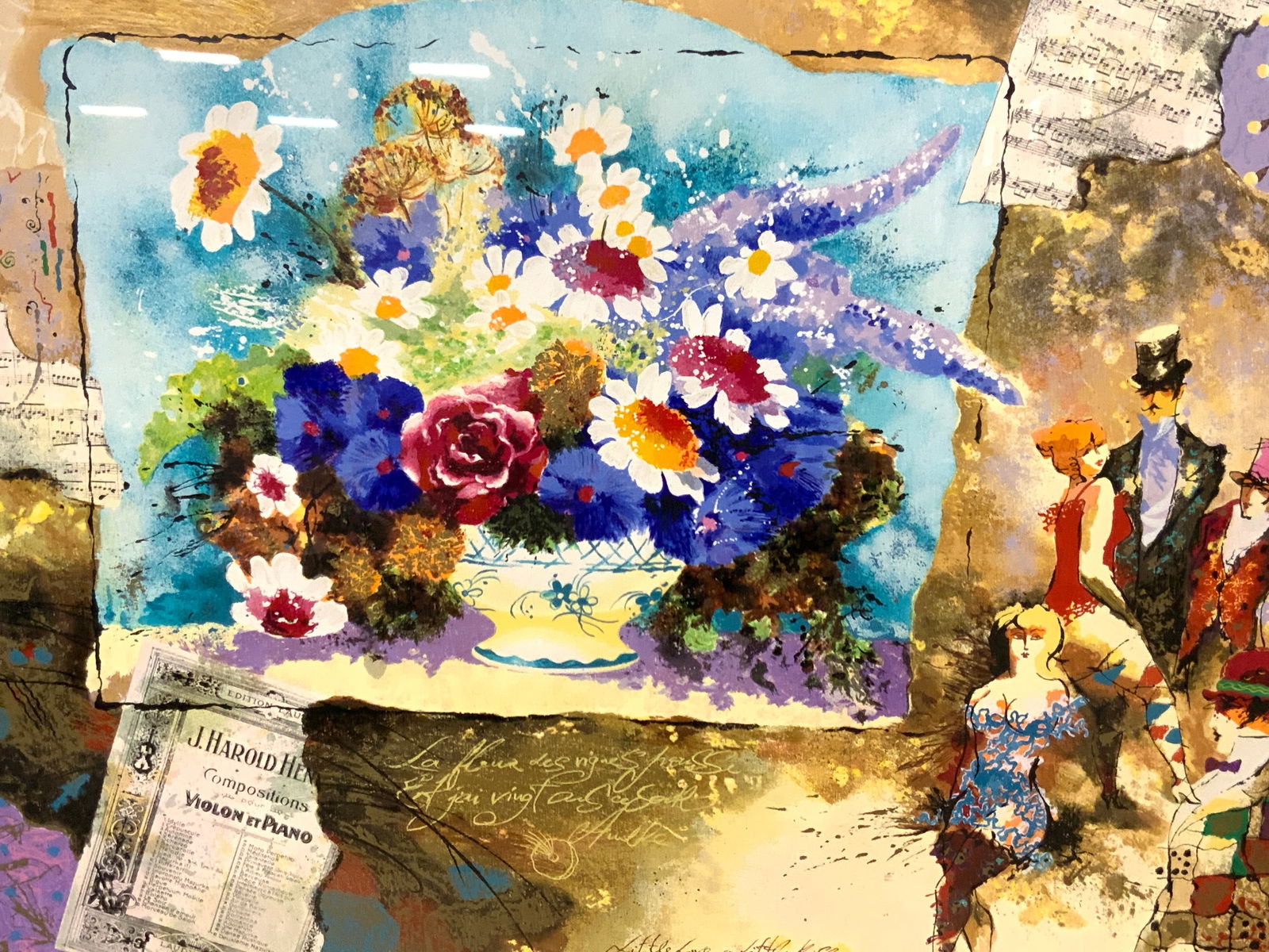 XL 4ftx5ft Galtchansky & Wissotzky Sgd Silk Screen: Silk screen depicting a center flower bouquet with sheet music around the center, along with a group of people dressed in fine dresses and suits and ties.Signed on lower margin Galtchansky and wissotz