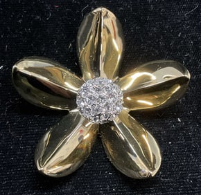 Signed GPK Gold Tone Crystal Flower Brooch