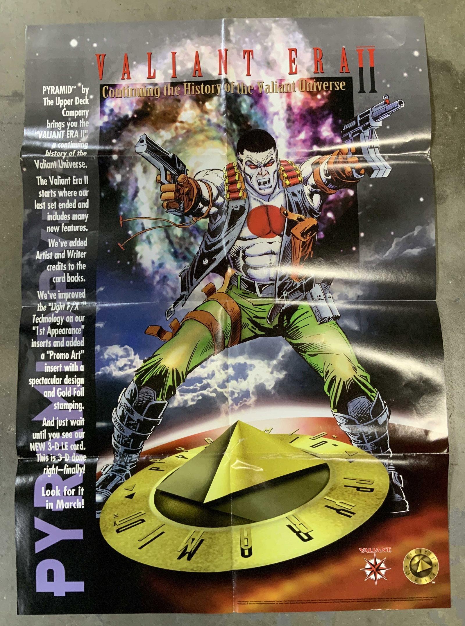 1994 Voyager Valiant Era II Promotional Poster: Promotional poster for the 1994 Upper Deck/Pyramid Valiant Era II trading cards. Poster advertises the second set of Valiant Universe trading cards produced by Pyramid, a division of The Upper Deck Co