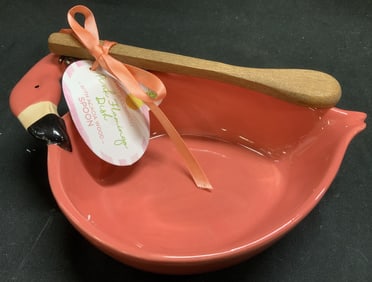 Twos Company Pink Flamingo Dish W Acacia Wd Spoon