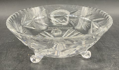 Vntg Cut Clear Crystal 3 Footed Bowl