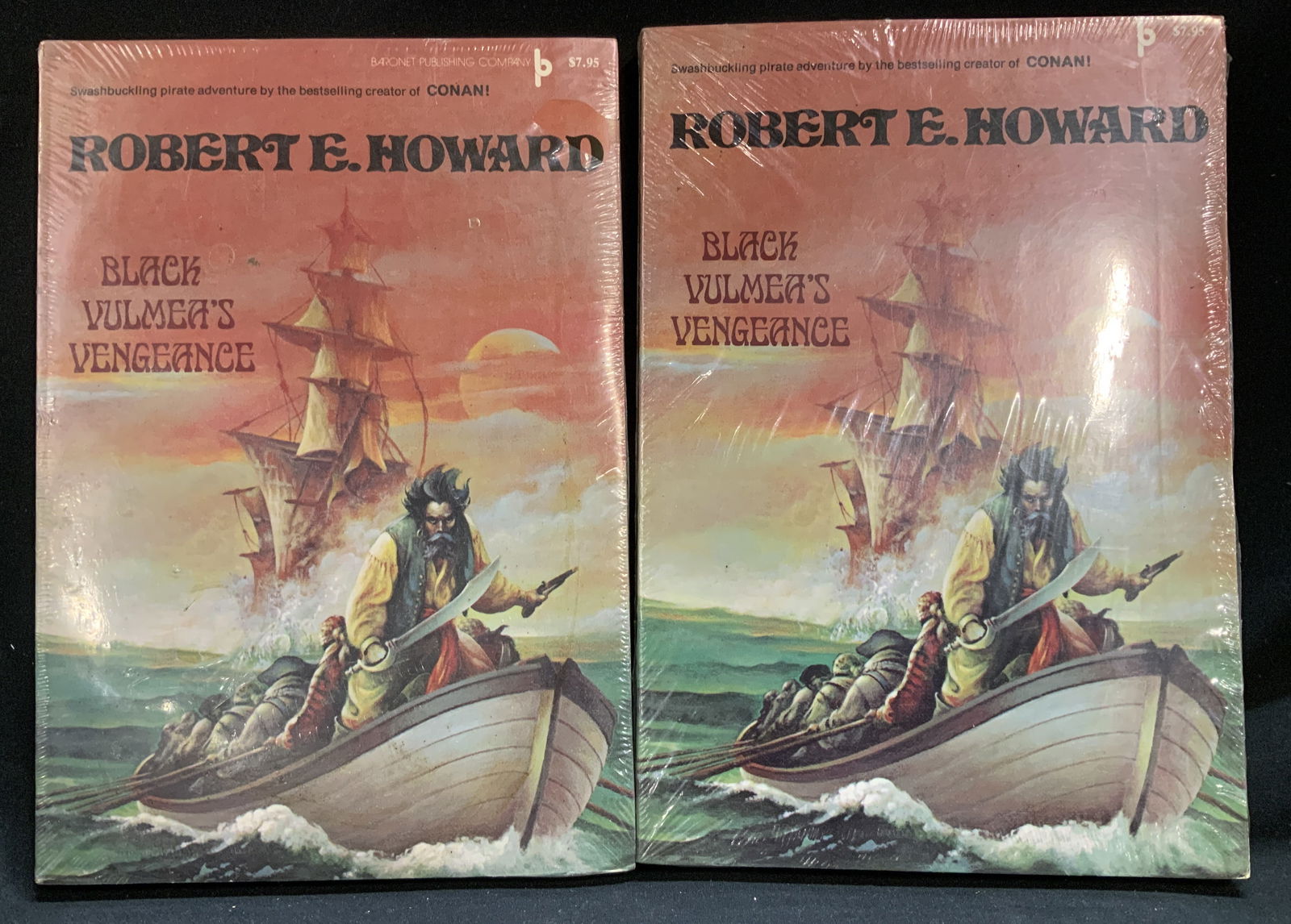 Lot 2 Black Vulmeas Vengeance 1977 Bk NIP HOWARD: Black Vulmeas Vengeance by Robert E. Howard. Swashbuckling pirate adventure by the bestselling creator of CONAN! Appears to be possible 1977. Books are new in plastic. Surface wear consistent to age,