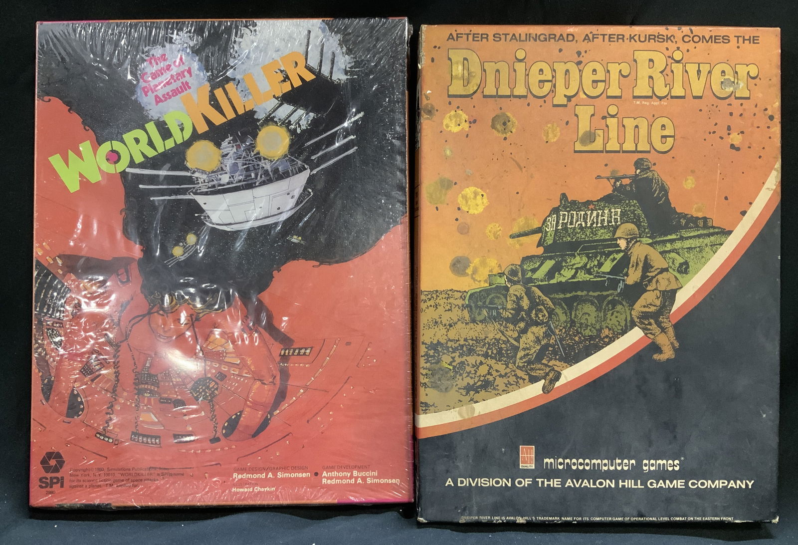 Lot 2 Dnieper & World Killer 1980s Board Games: Lot includes, 1 vintage Dnieper River Line, published by the 1981 Avalon Hill Game Company & 1 vintage 1980 Simulations Publications World Killer NIP. Lot is sold as is. Surface wear consistent to age