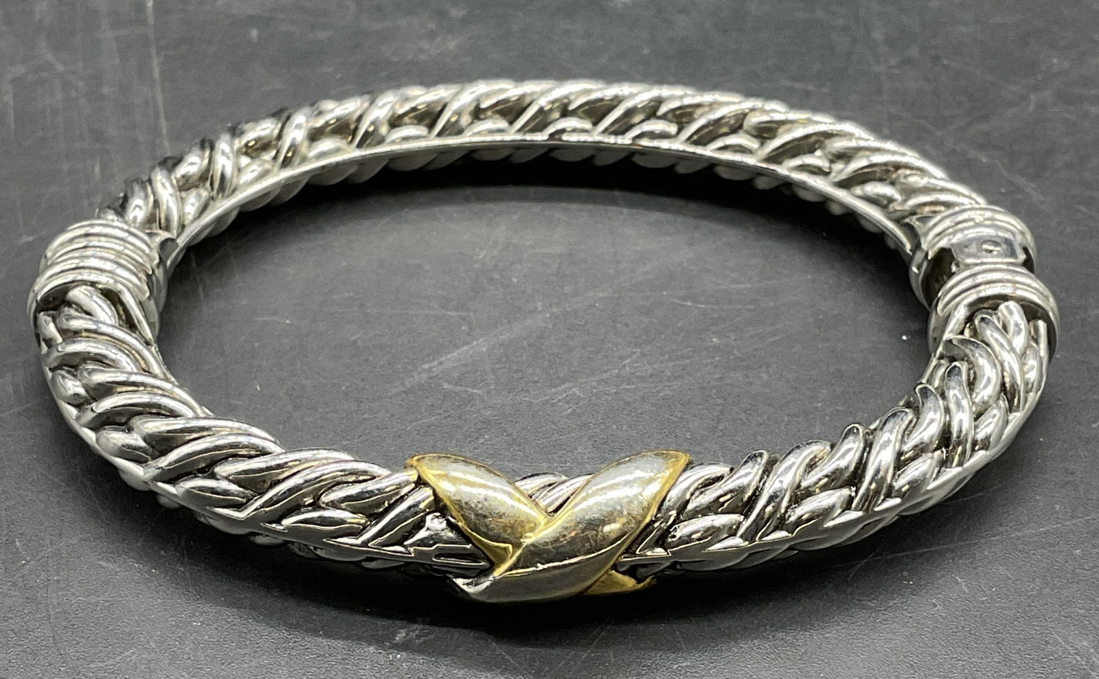 Silver & Gold Tone Cable X Bangle Bracelet (1 of 6)