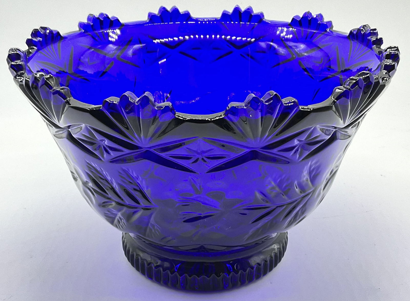 Cobalt Blue Cut Crystal Bowl: Cobalt Blue Cut Crystal Bowl. Weighty and thick walled. Measures approx. 6H x 9W in. Seam present. Imperfection to crystal. Surface wear consistent with age, use, and exposure. Chipping present. home