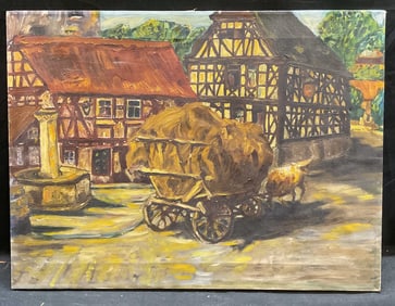 Rural Village Scene Ox & Hay Cart Oil Painting 2ft
