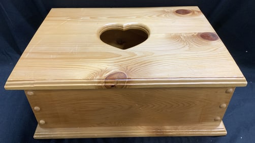 Vntg Large Wooden Storage Box W Heart Cutout
