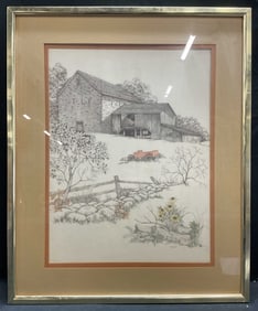 Framed F Massa Barn Scene Lithograph 28in