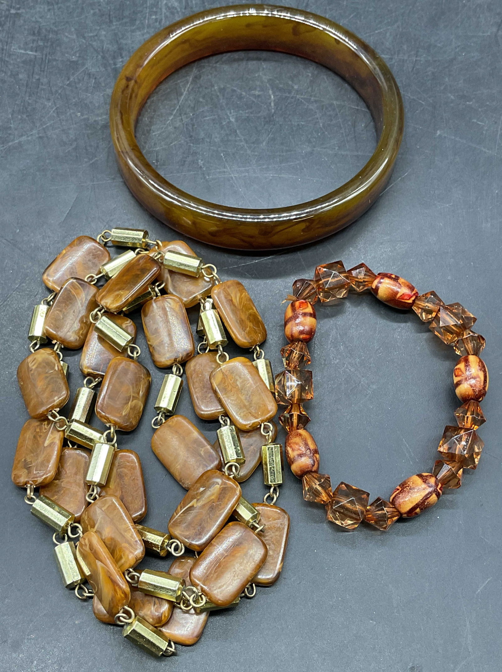 Lot 3 Amber Toned Bracelets & Necklace (1 of 6)