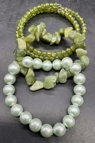 Lot 3 Green Semiprecious & Faux Pearl Bracelets
