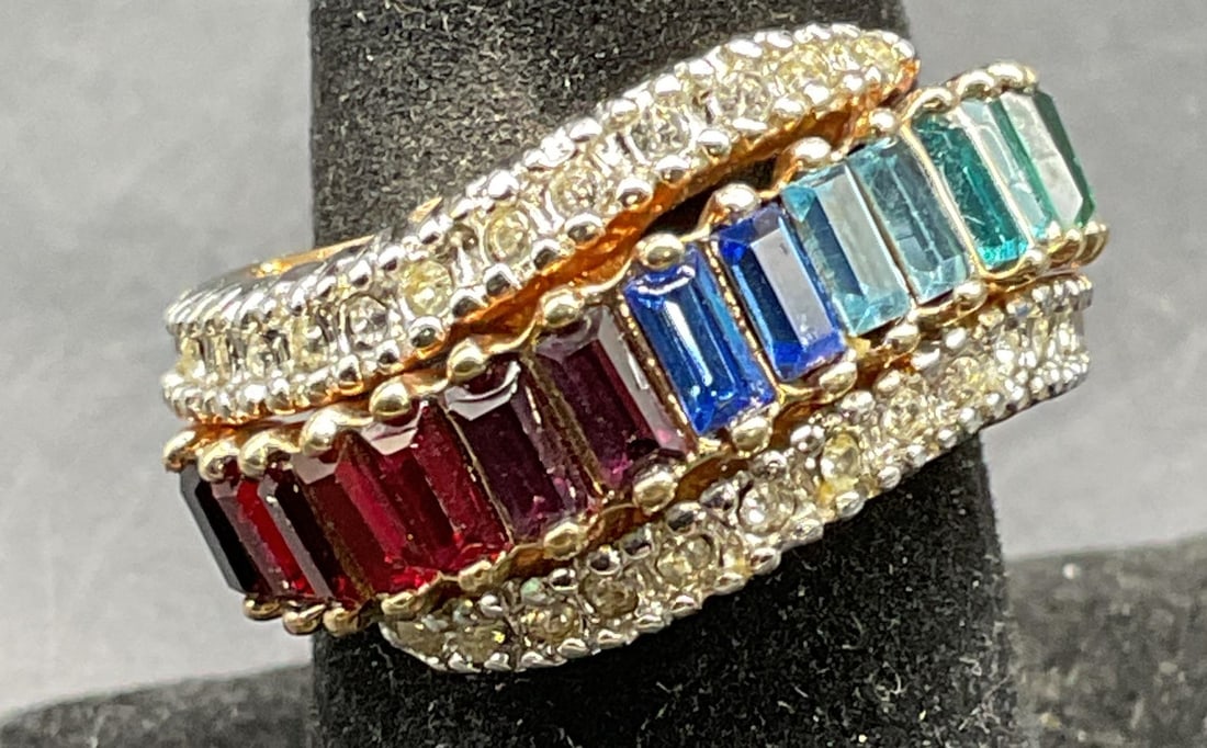 Gold Tone Red Blue Crystal Cocktail Ring (1 of 6)