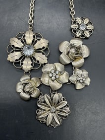 Cookie Lee Silver Tn Crystal Flower Necklace