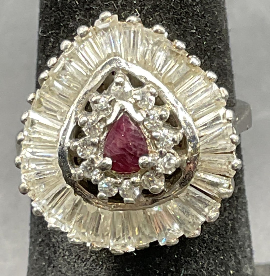 Signed ND Sterling Silver Purple Semiprecious Ring: Signed ND sterling silver ring with purple semiprecious and clear semiprecious halo. Size 5. Total weight 5.4 grams. Some scratching. Jewelry, estate jewelry, fine jewelry, cocktail jewelry, fashion j