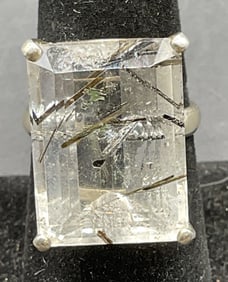 Signed LS Sterling Silver Rutilated Stone Ring