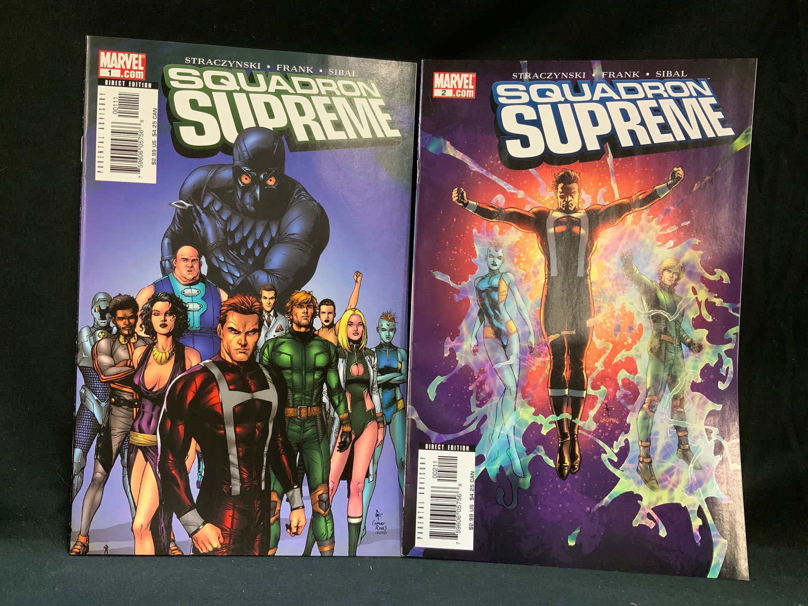 Lot 2 Marvel Squadron Supreme #1&2 Comic Bks 2006: Lot includes, 2 marvel comic books including, Squadron Supreme (No.2 2006) & Squadron Supreme (No.1 2006). Comic books feature various illustrations. Surface wear consistent to age, use & exposure. Me